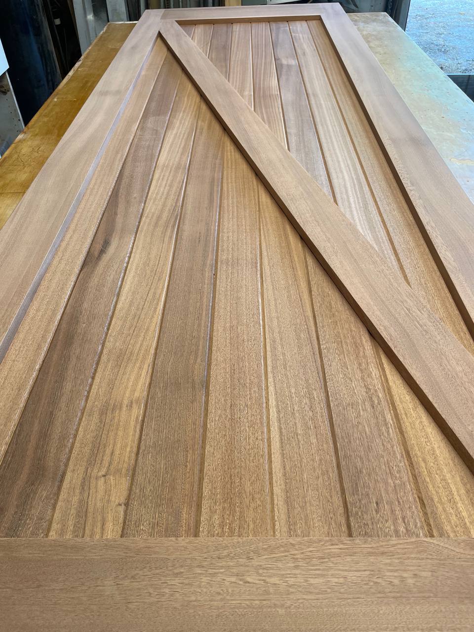 A handcrafted Sapele Z-brace door, close up
